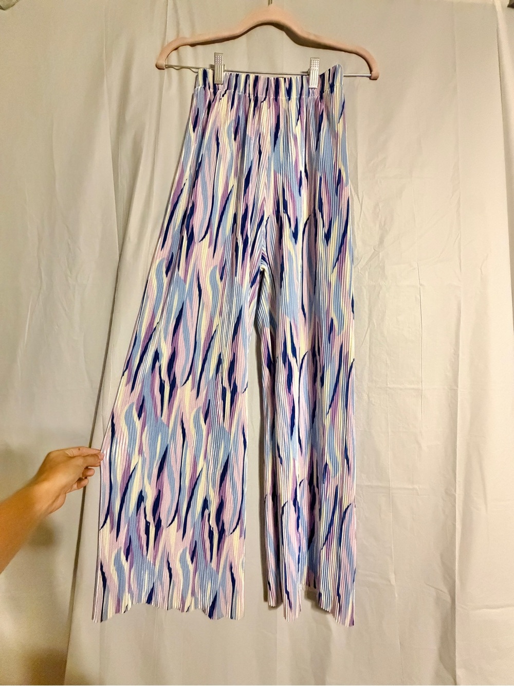 Women’s Multicolor Pleated Wide Leg Pants High Waist Abstract Print Plissé